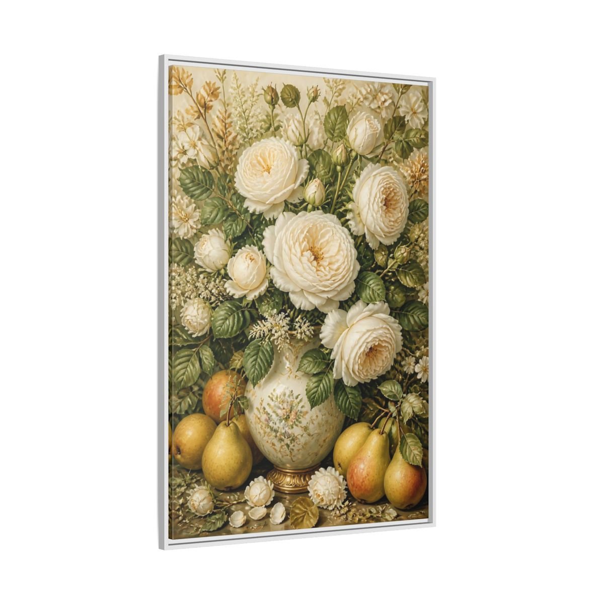 Floral White Roses Cream Still Life Framed Canvas Print Wall Art – Living Room Decor, Above Couch - YesArtYes