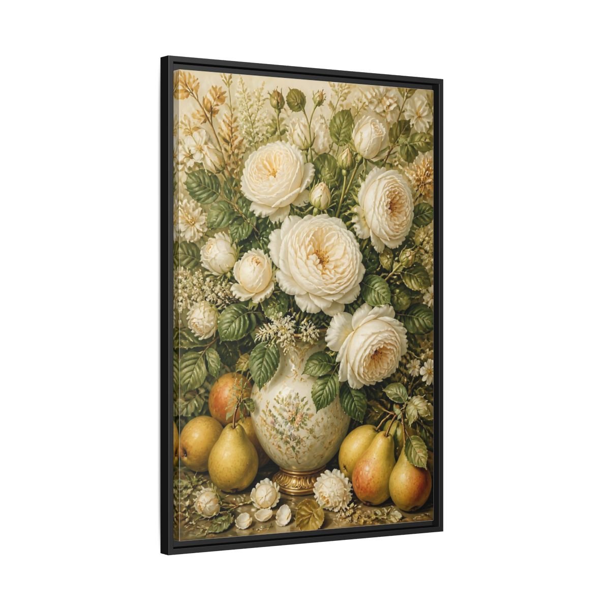 Floral White Roses Cream Still Life Framed Canvas Print Wall Art – Living Room Decor, Above Couch - YesArtYes