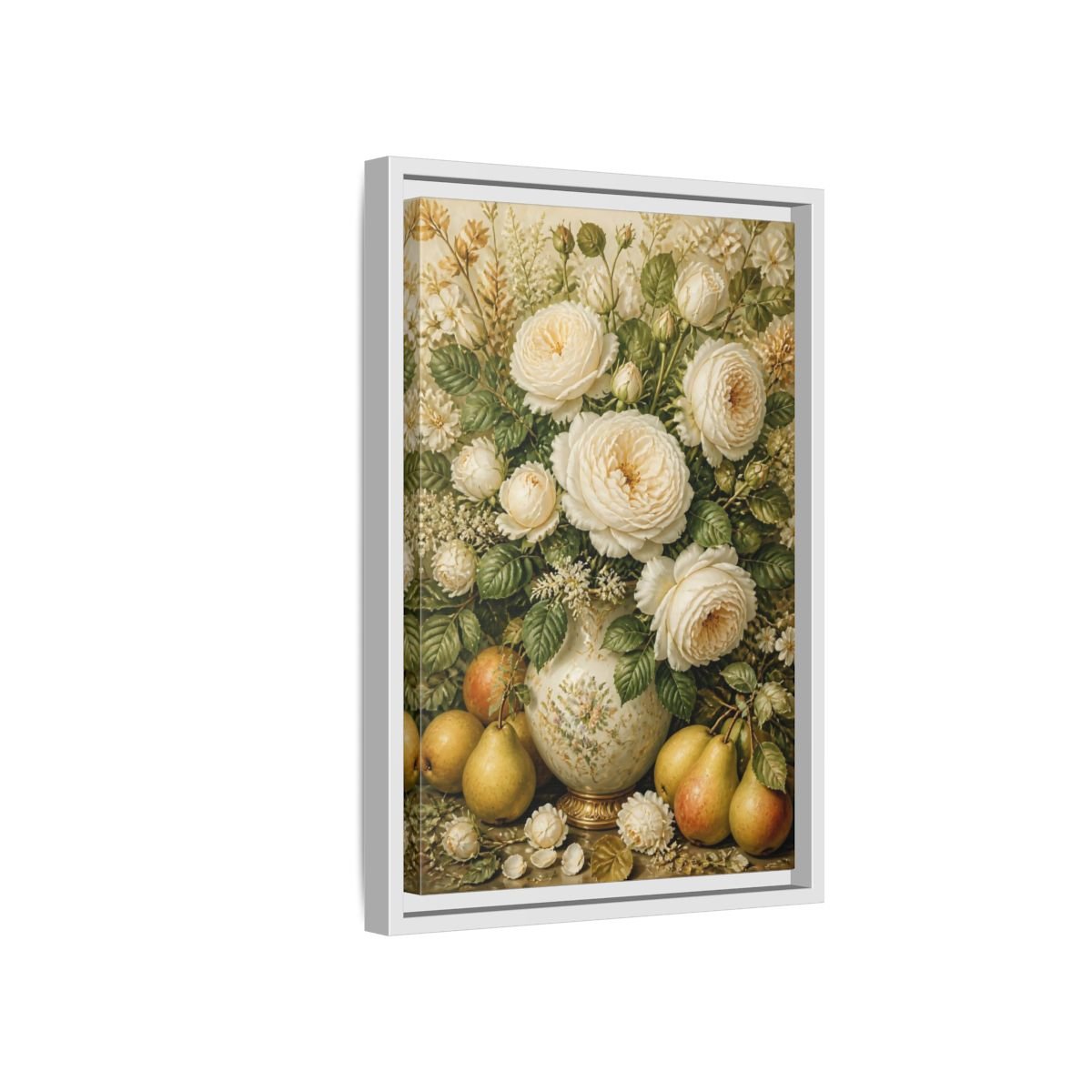 Floral White Roses Cream Still Life Framed Canvas Print Wall Art – Living Room Decor, Above Couch - YesArtYes