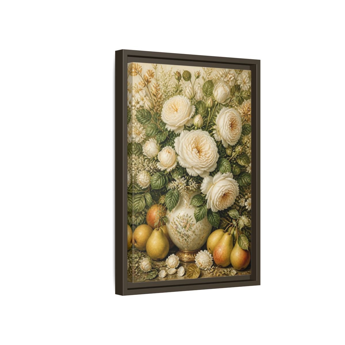 Floral White Roses Cream Still Life Framed Canvas Print Wall Art – Living Room Decor, Above Couch - YesArtYes