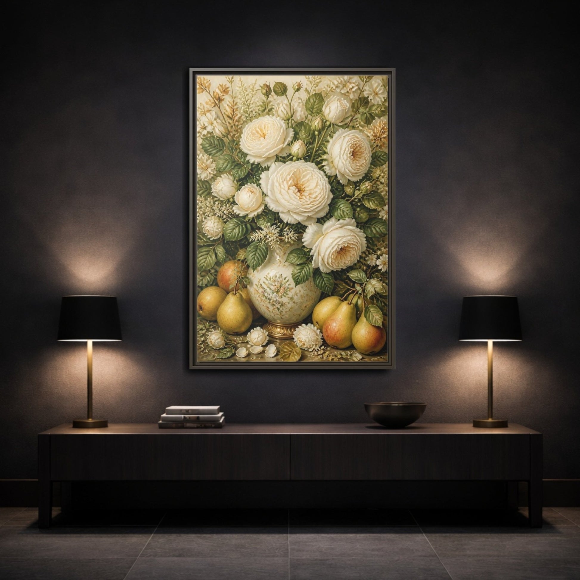 Floral White Roses Cream Still Life Framed Canvas Print Wall Art – Living Room Decor, Above Couch - YesArtYes
