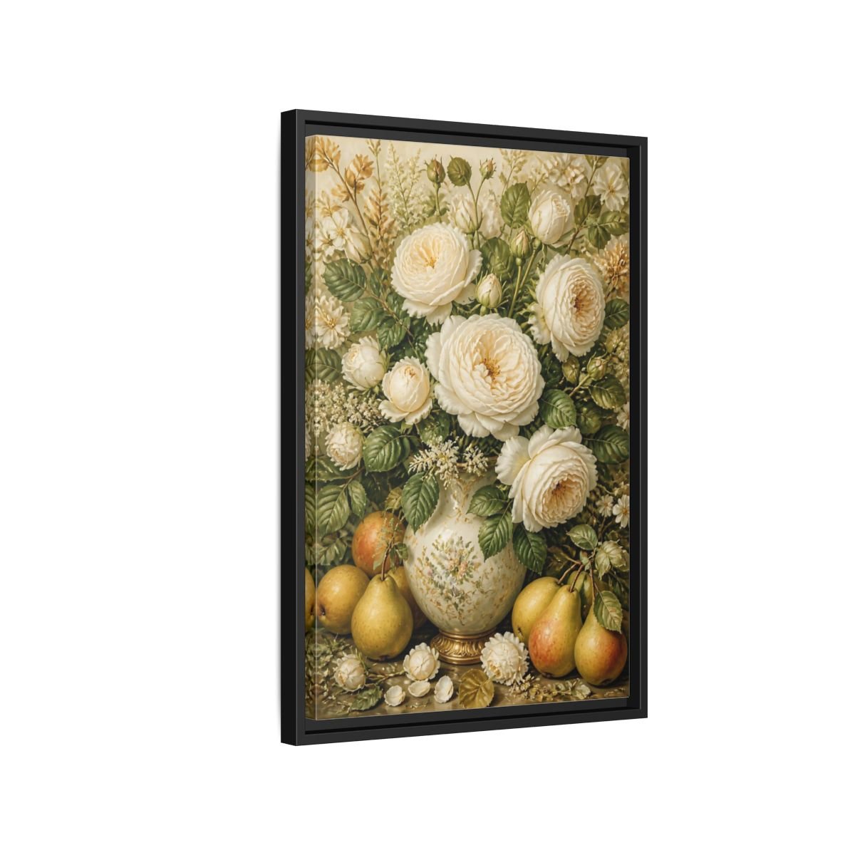 Floral White Roses Cream Still Life Framed Canvas Print Wall Art – Living Room Decor, Above Couch - YesArtYes