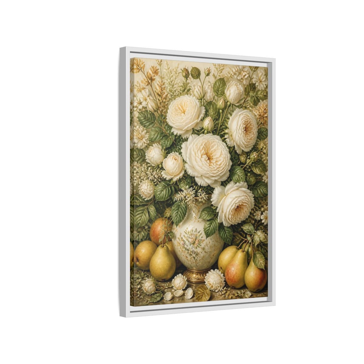 Floral White Roses Cream Still Life Framed Canvas Print Wall Art – Living Room Decor, Above Couch - YesArtYes