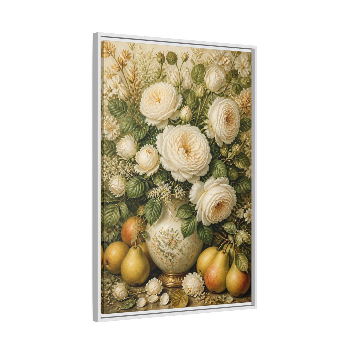 Side Mockup 9. Floral White Roses Cream Floral Still Life shown as framed canvas print