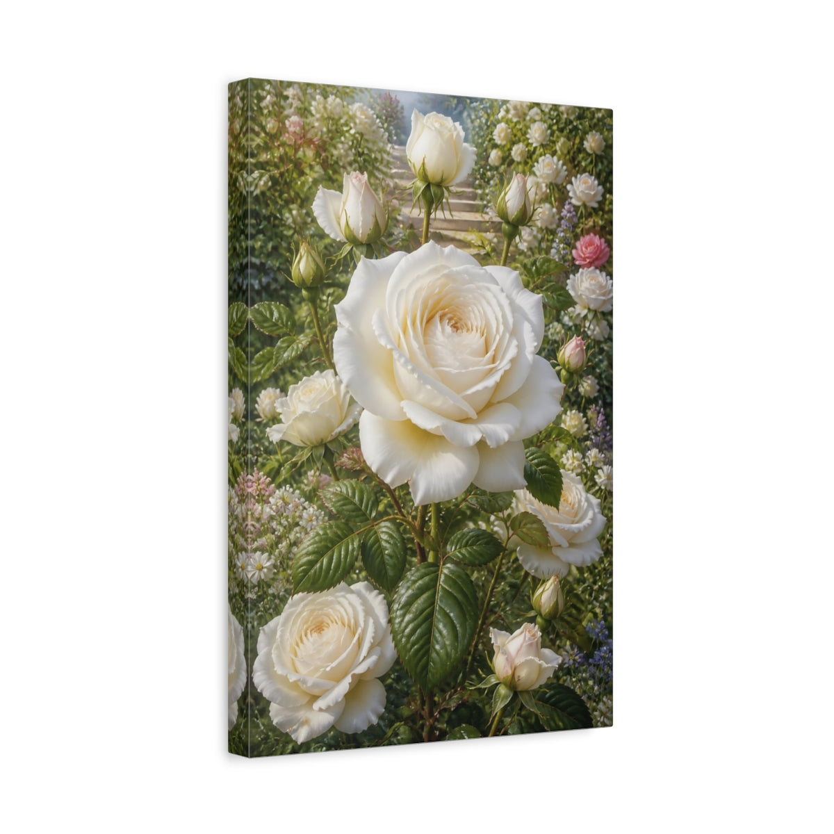 Side Mockup 4. Floral White Roses White Roses Garden shown as stretched canvas wall art