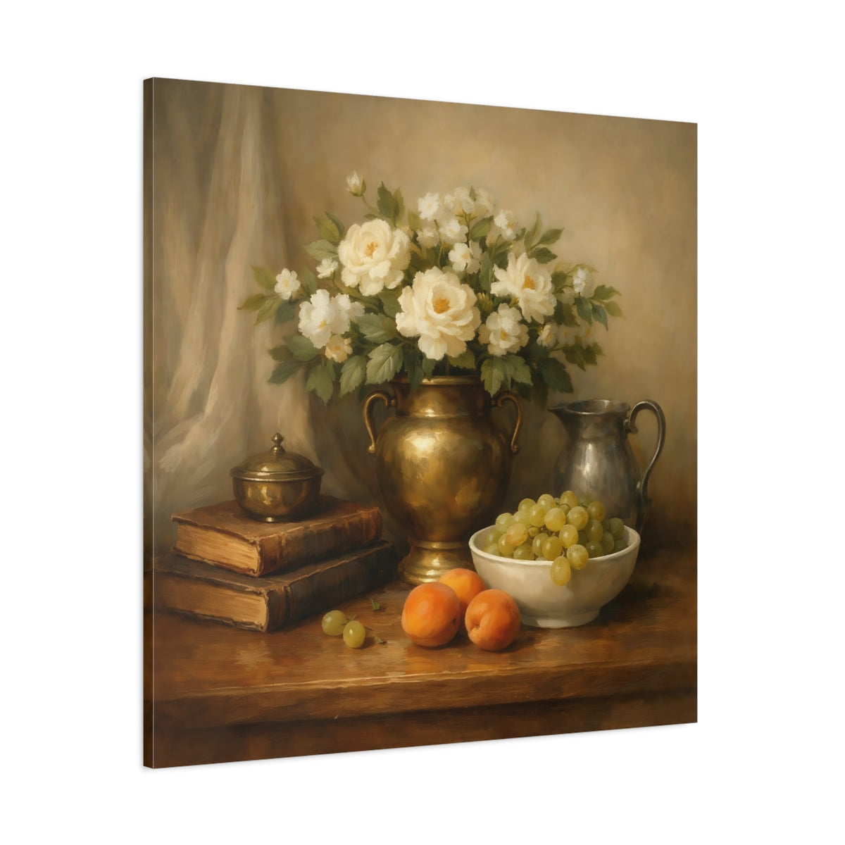 Main Mockup. Floral White Roses Gold And Cream shown as stretched canvas wall art
