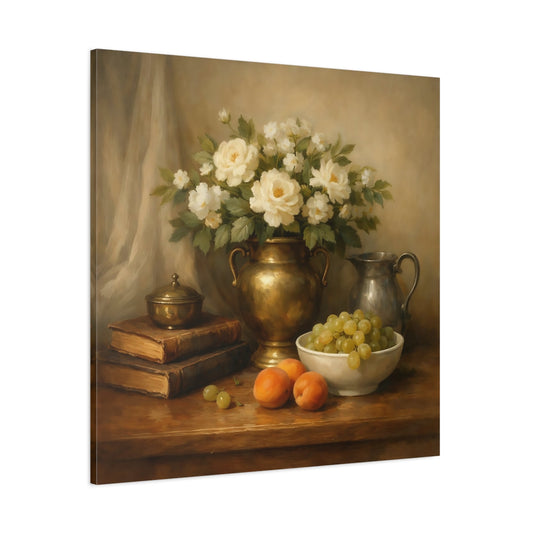 Main Mockup. Floral White Roses Gold And Cream shown as stretched canvas wall art