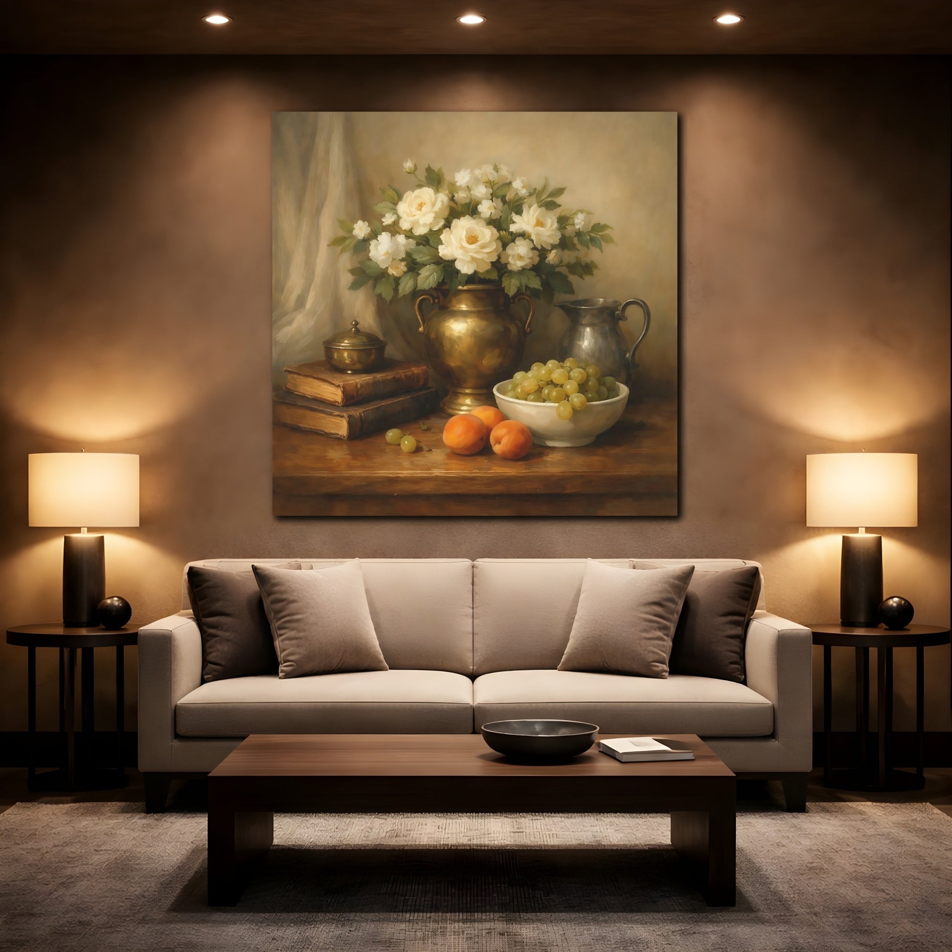 Mockup 2. Floral White Roses Gold And Cream shown as stretched canvas wall art