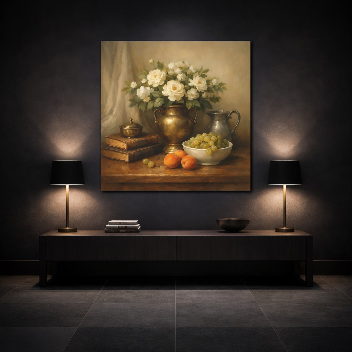 Mockup 3. Floral White Roses Gold And Cream shown as stretched canvas wall art