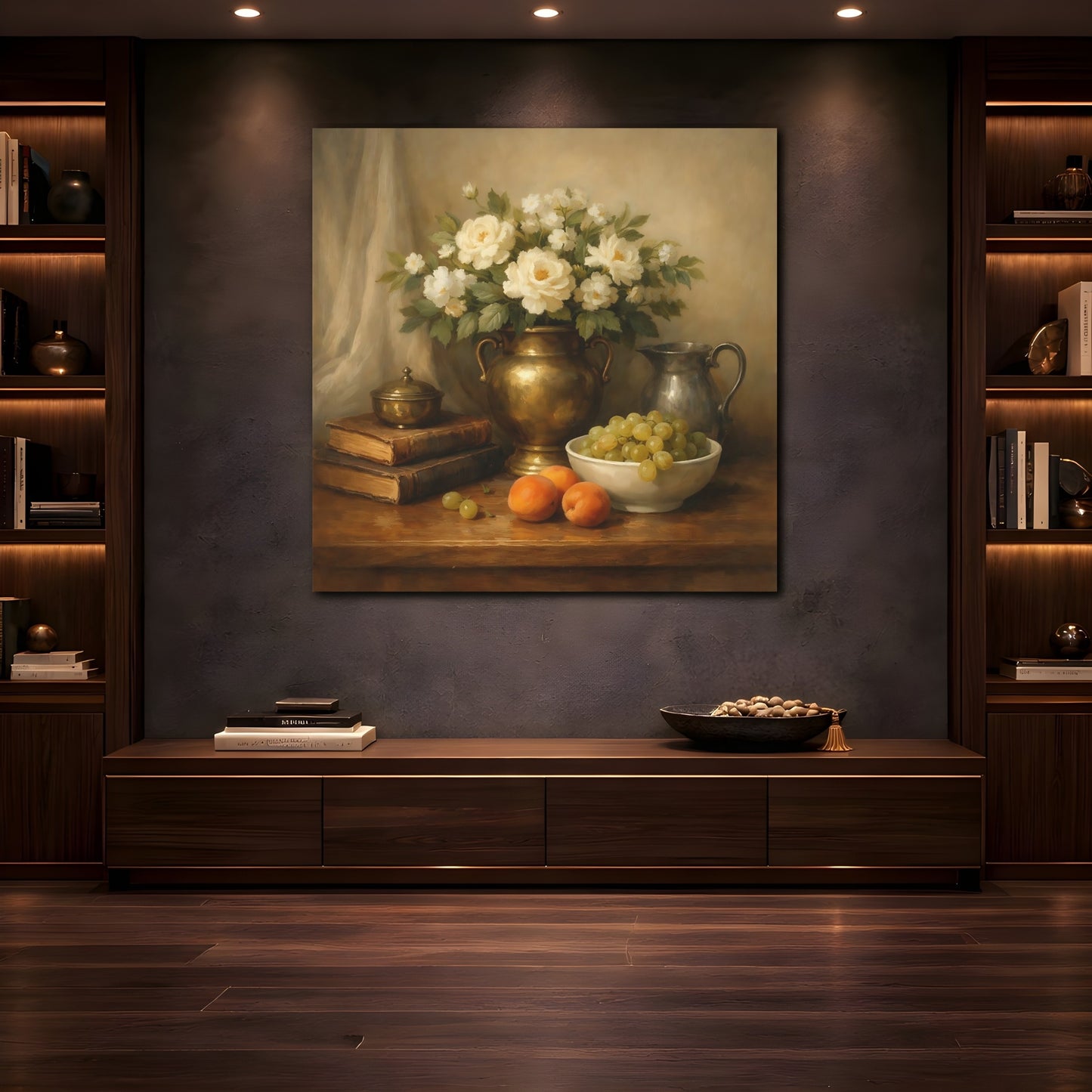 Mockup 4. Floral White Roses Gold And Cream shown as stretched canvas wall art