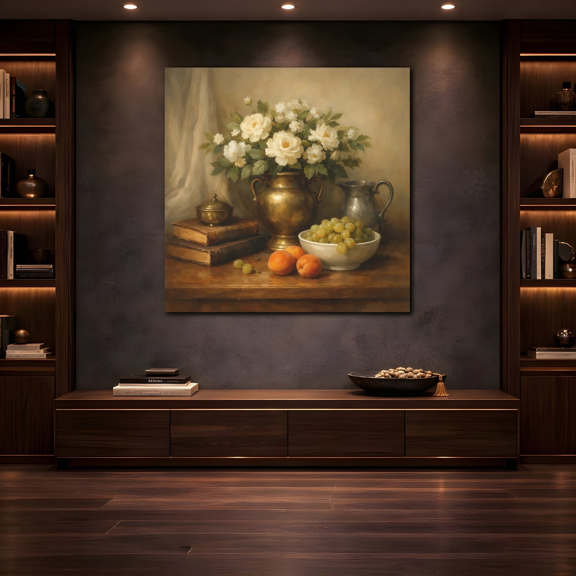 Mockup 4. Floral White Roses Gold And Cream shown as stretched canvas wall art