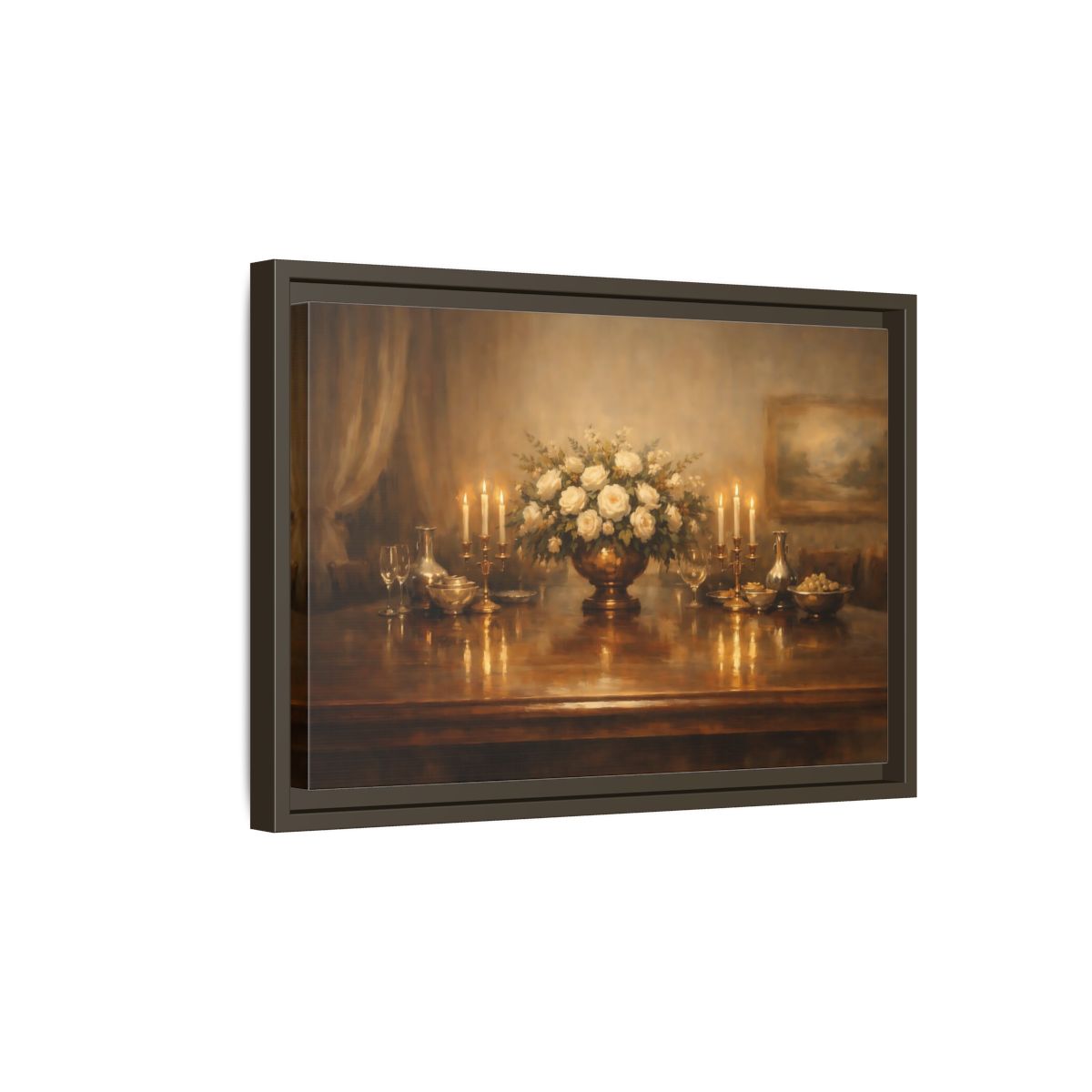 Side Mockup 5. Floral White Roses Gold And White shown as stretched canvas wall art