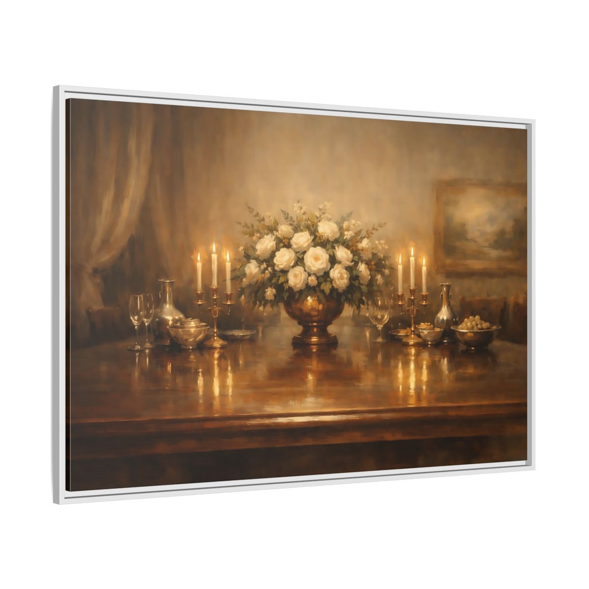 Side Mockup 7. Floral White Roses Gold And White shown as stretched canvas wall art