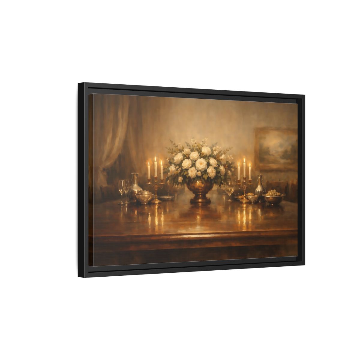 Side Mockup 3. Floral White Roses Gold And White shown as stretched canvas wall art