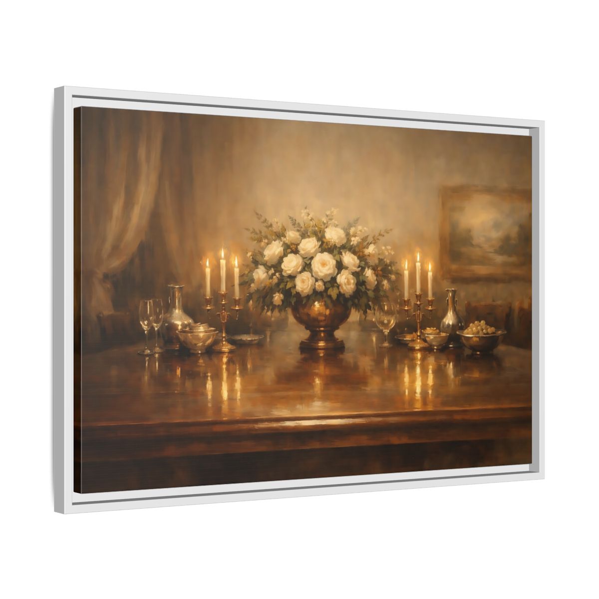 Side Mockup 10. Floral White Roses Gold And White shown as stretched canvas wall art