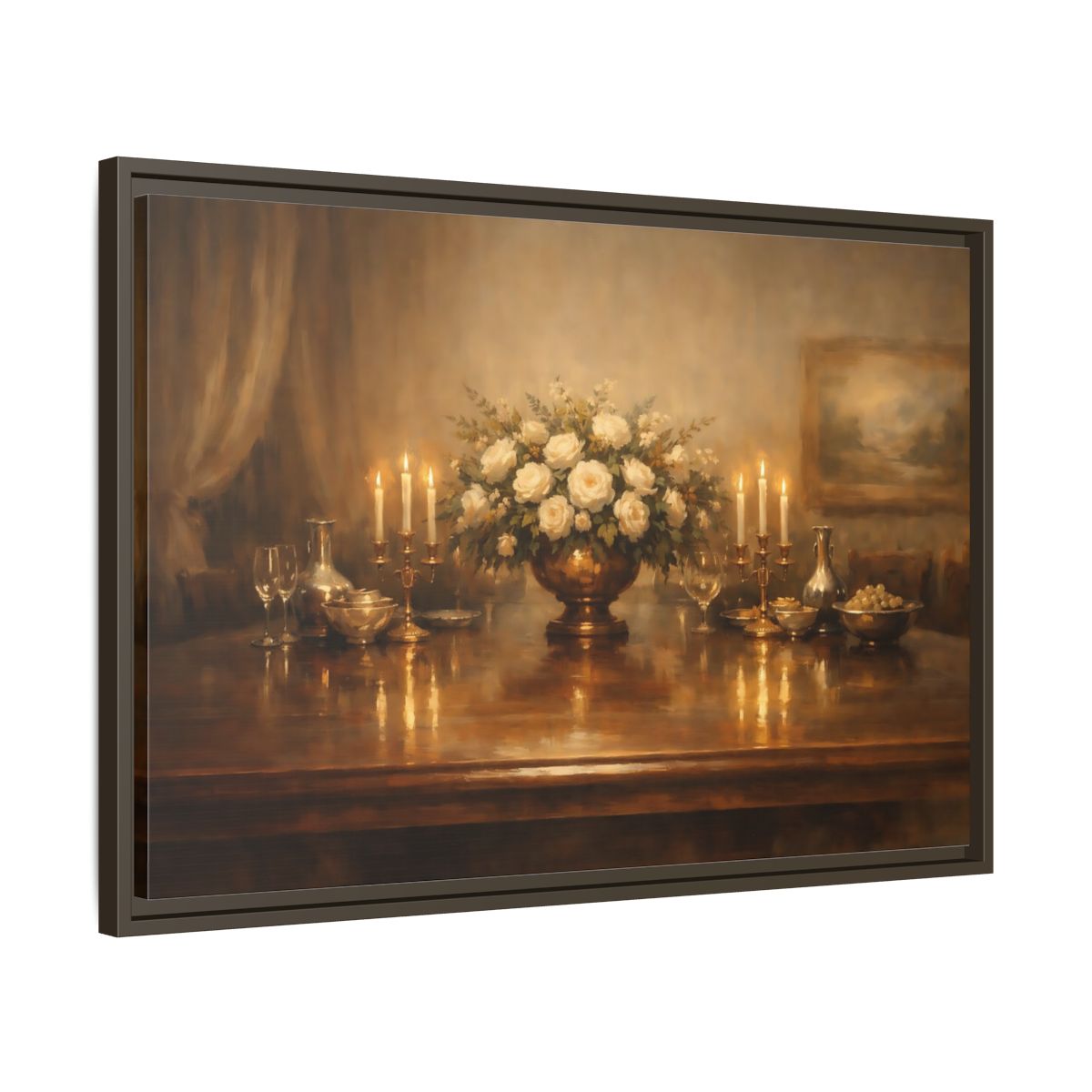 Side Mockup 11. Floral White Roses Gold And White shown as stretched canvas wall art
