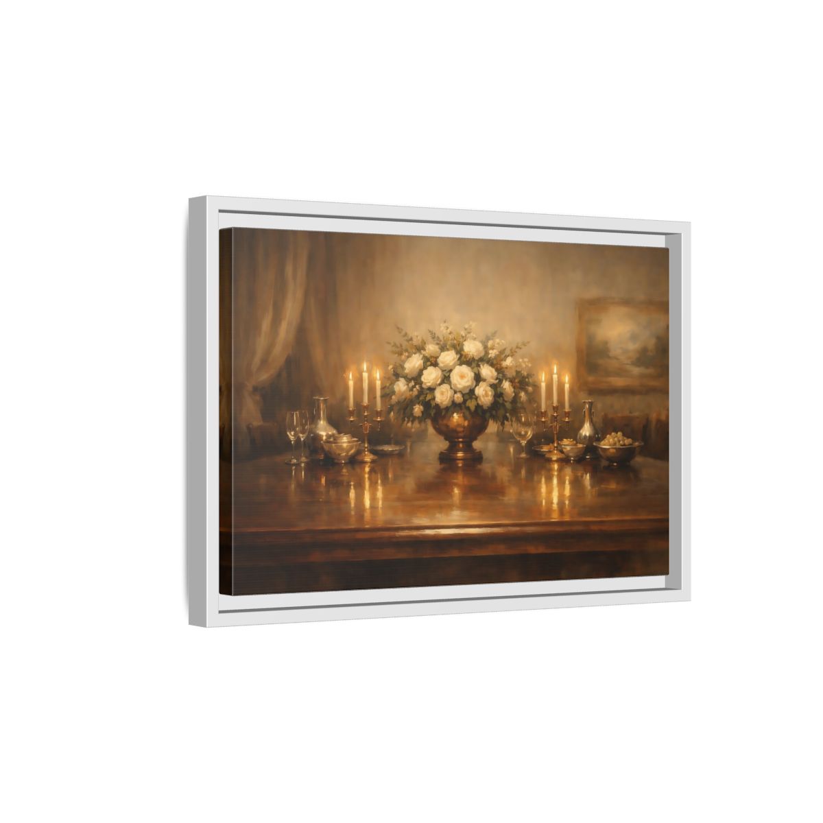 Side Mockup 4. Floral White Roses Gold And White shown as stretched canvas wall art