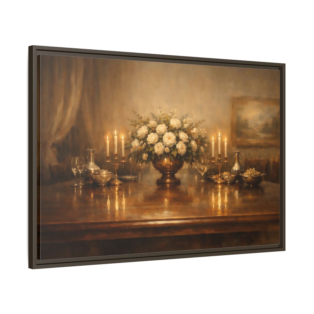 Side Mockup 9. Floral White Roses Gold And White shown as stretched canvas wall art