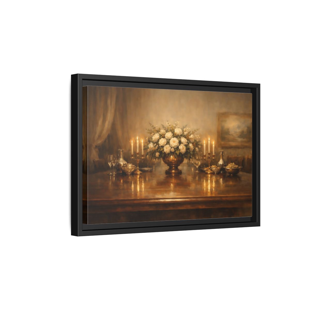 Side Mockup 6. Floral White Roses Gold And White shown as stretched canvas wall art