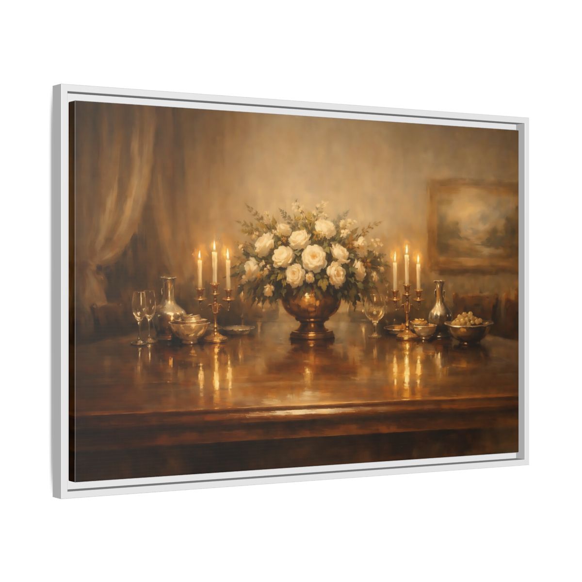 Side Mockup 8. Floral White Roses Gold And White shown as stretched canvas wall art