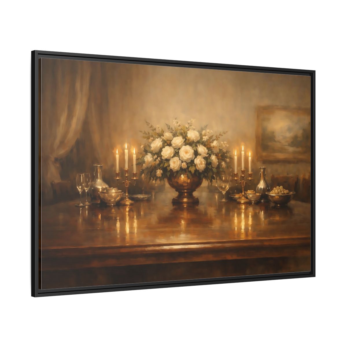 Side Mockup 12. Floral White Roses Gold And White shown as stretched canvas wall art