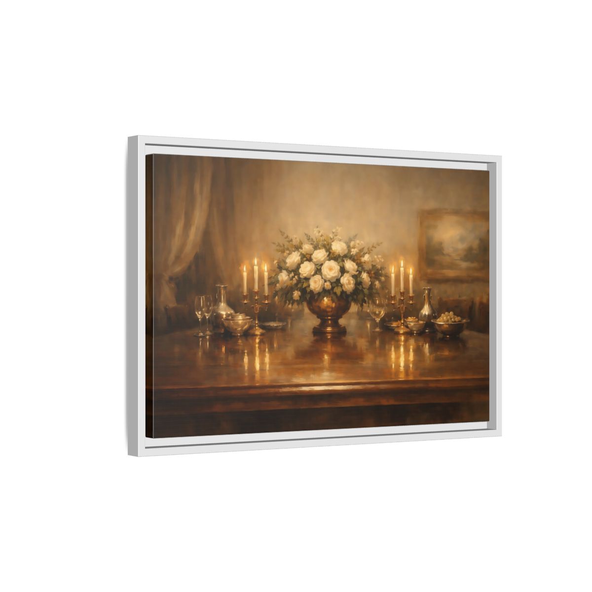 Side Mockup 1. Floral White Roses Gold And White shown as stretched canvas wall art