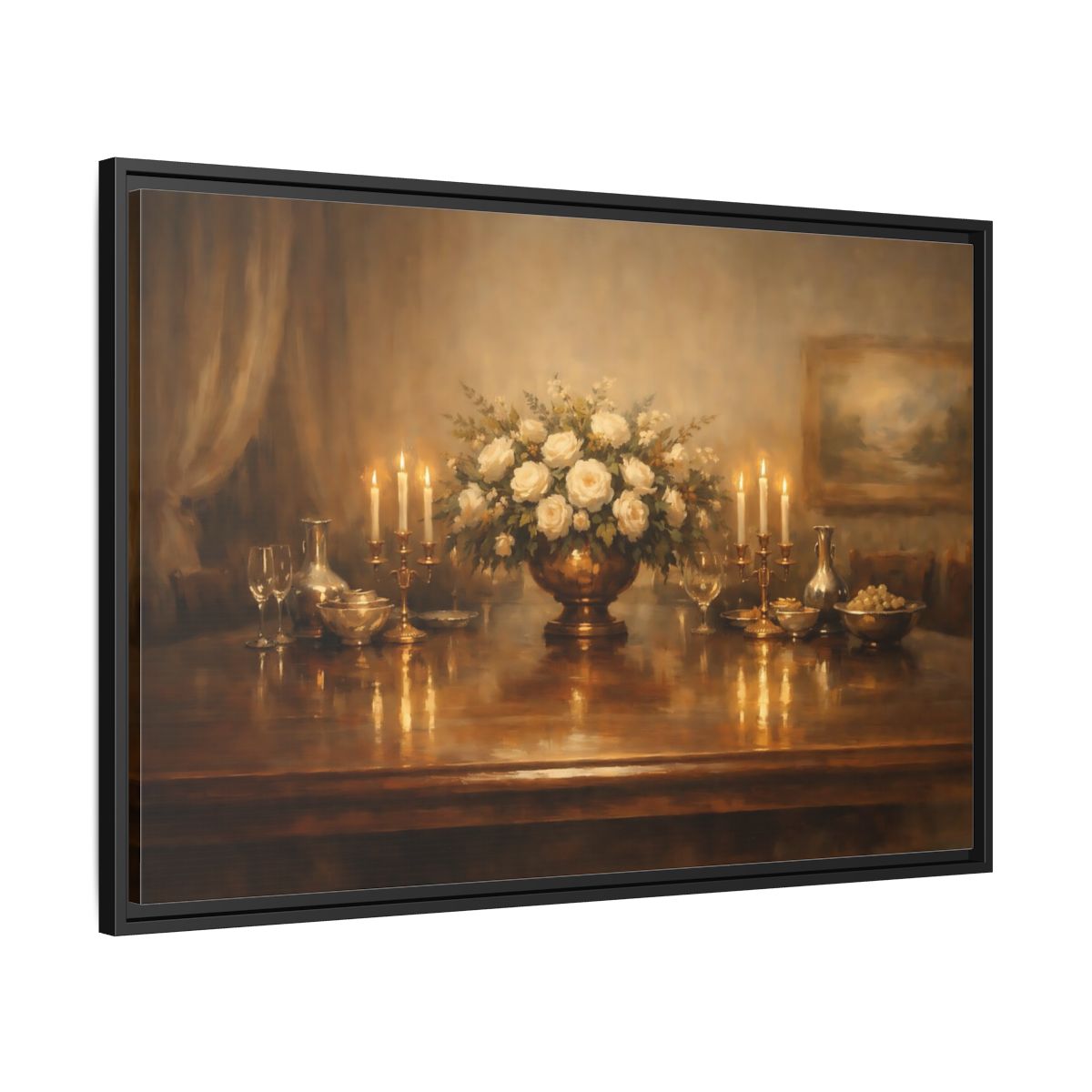 Side Mockup 13. Floral White Roses Gold And White shown as stretched canvas wall art