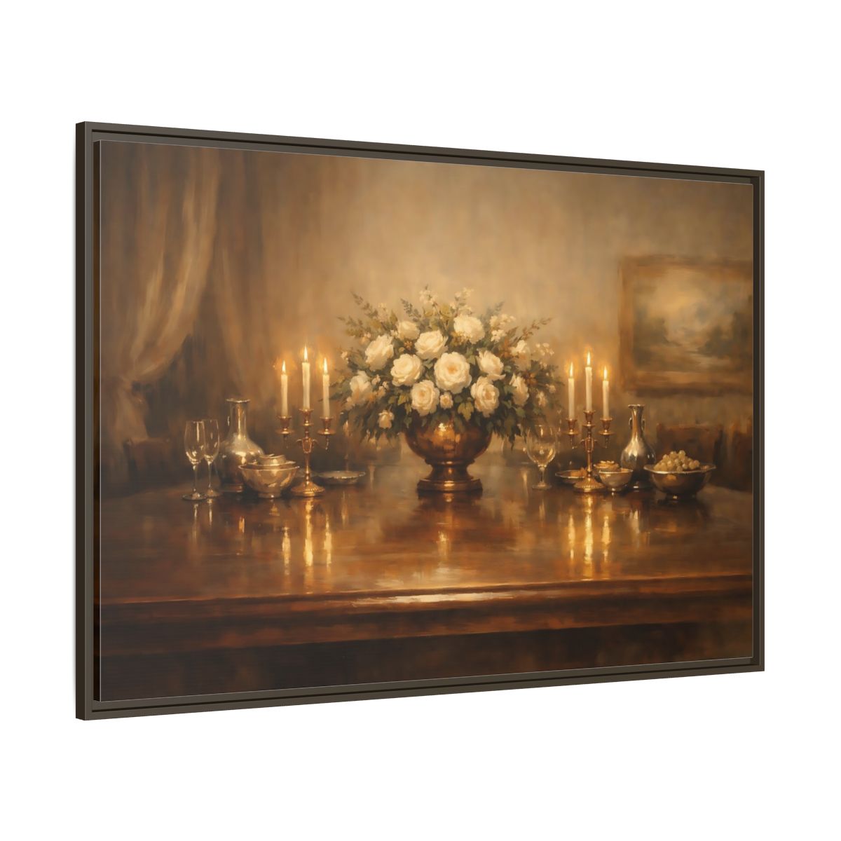Main Mockup. Floral White Roses Gold And White shown as stretched canvas wall art
