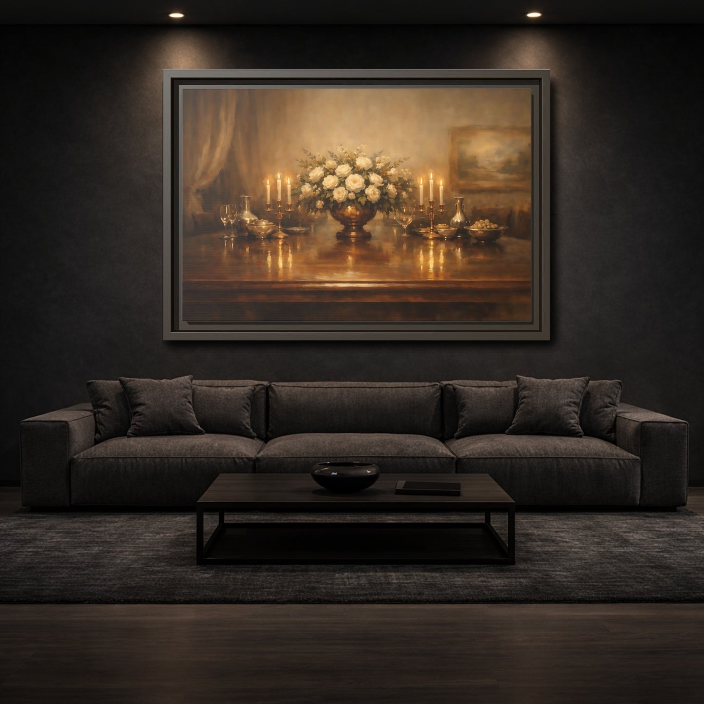 Mockup 2. Floral White Roses Gold And White shown as stretched canvas wall art