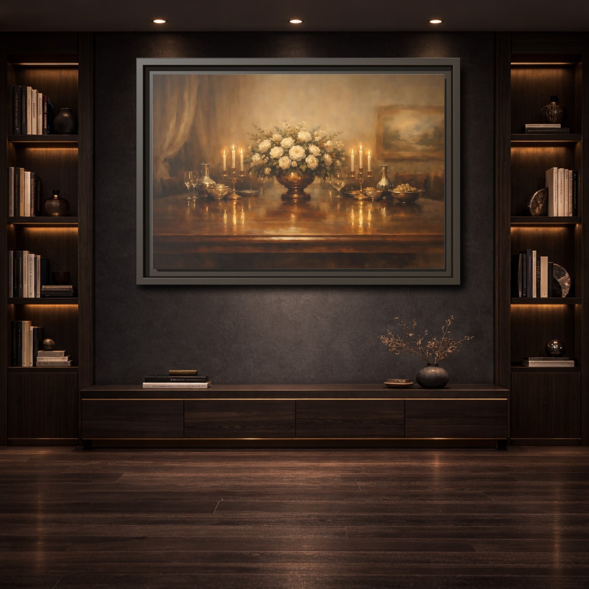 Mockup 3. Floral White Roses Gold And White shown as stretched canvas wall art