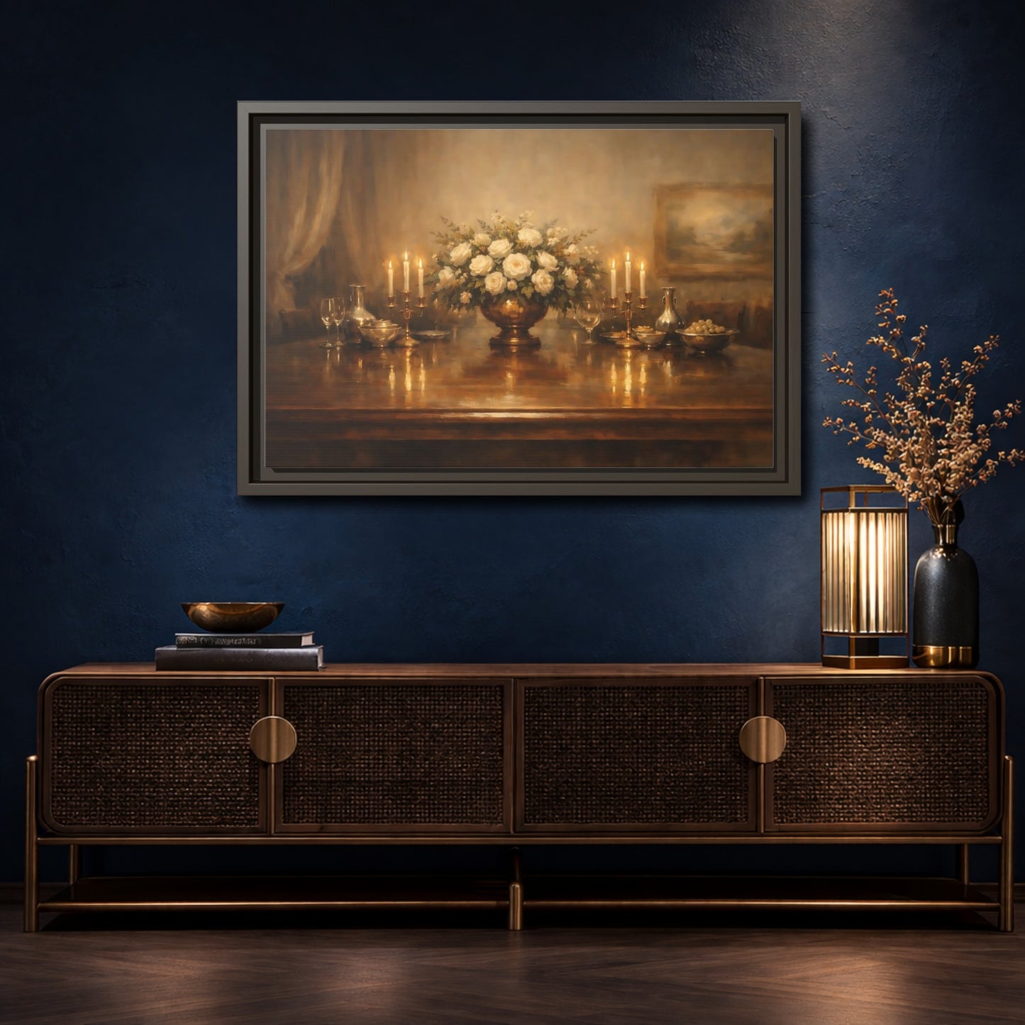 Mockup 4. Floral White Roses Gold And White shown as stretched canvas wall art
