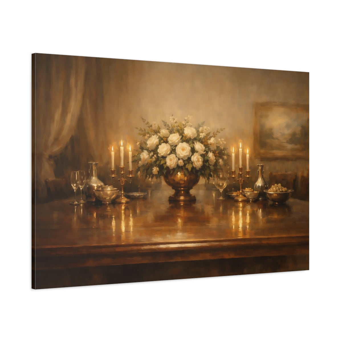 Main Mockup. Floral White Roses Warm Tones shown as stretched canvas wall art