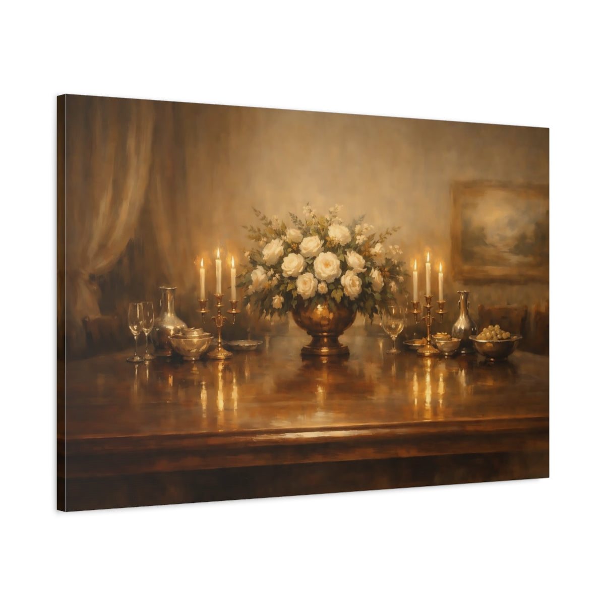 Side Mockup 1. Floral White Roses Warm Tones shown as stretched canvas wall art