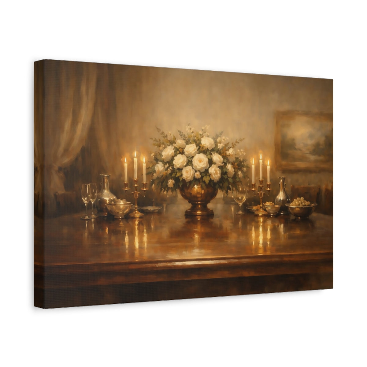 Side Mockup 4. Floral White Roses Warm Tones shown as stretched canvas wall art