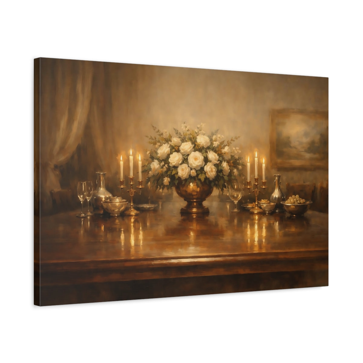 Side Mockup 2. Floral White Roses Warm Tones shown as stretched canvas wall art