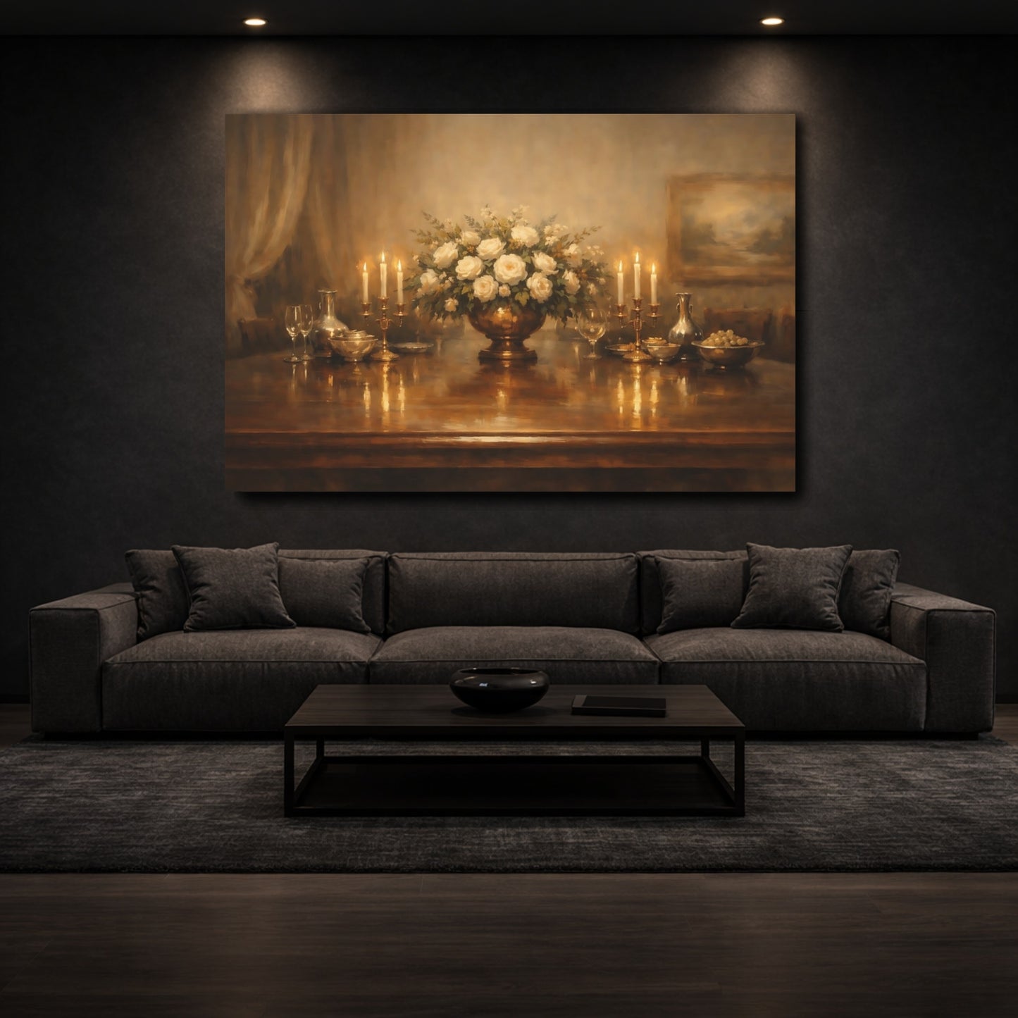 Mockup 2. Floral White Roses Warm Tones shown as stretched canvas wall art