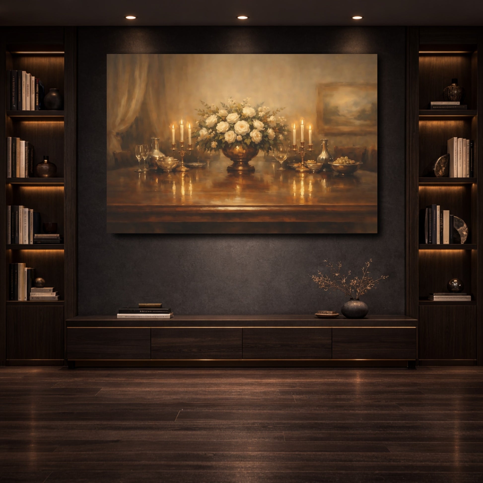 Mockup 3. Floral White Roses Warm Tones shown as stretched canvas wall art