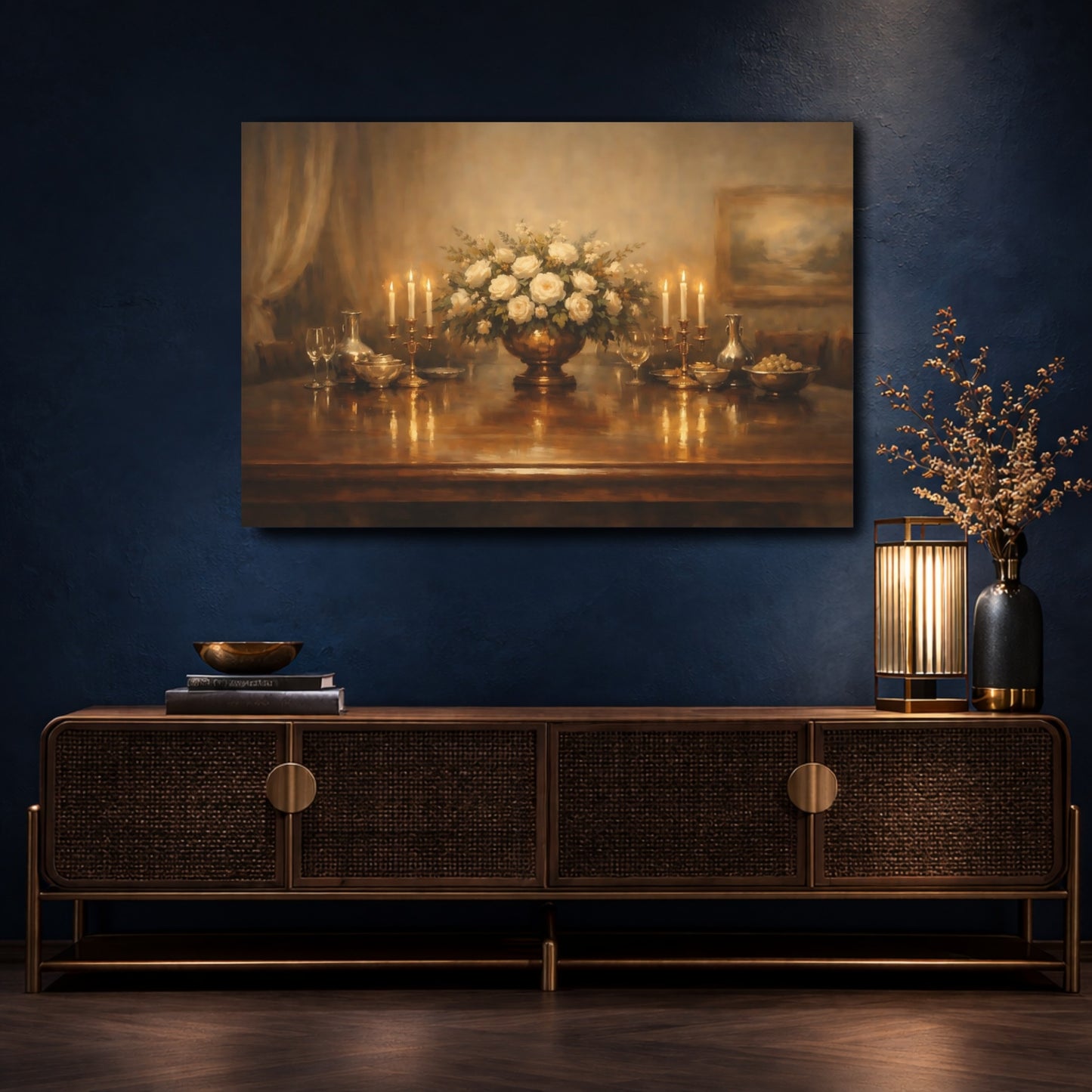 Mockup 4. Floral White Roses Warm Tones shown as stretched canvas wall art