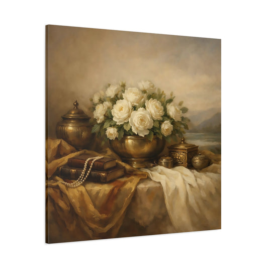 Main Mockup. Floral White Roses White Roses And Gold shown as stretched canvas wall art