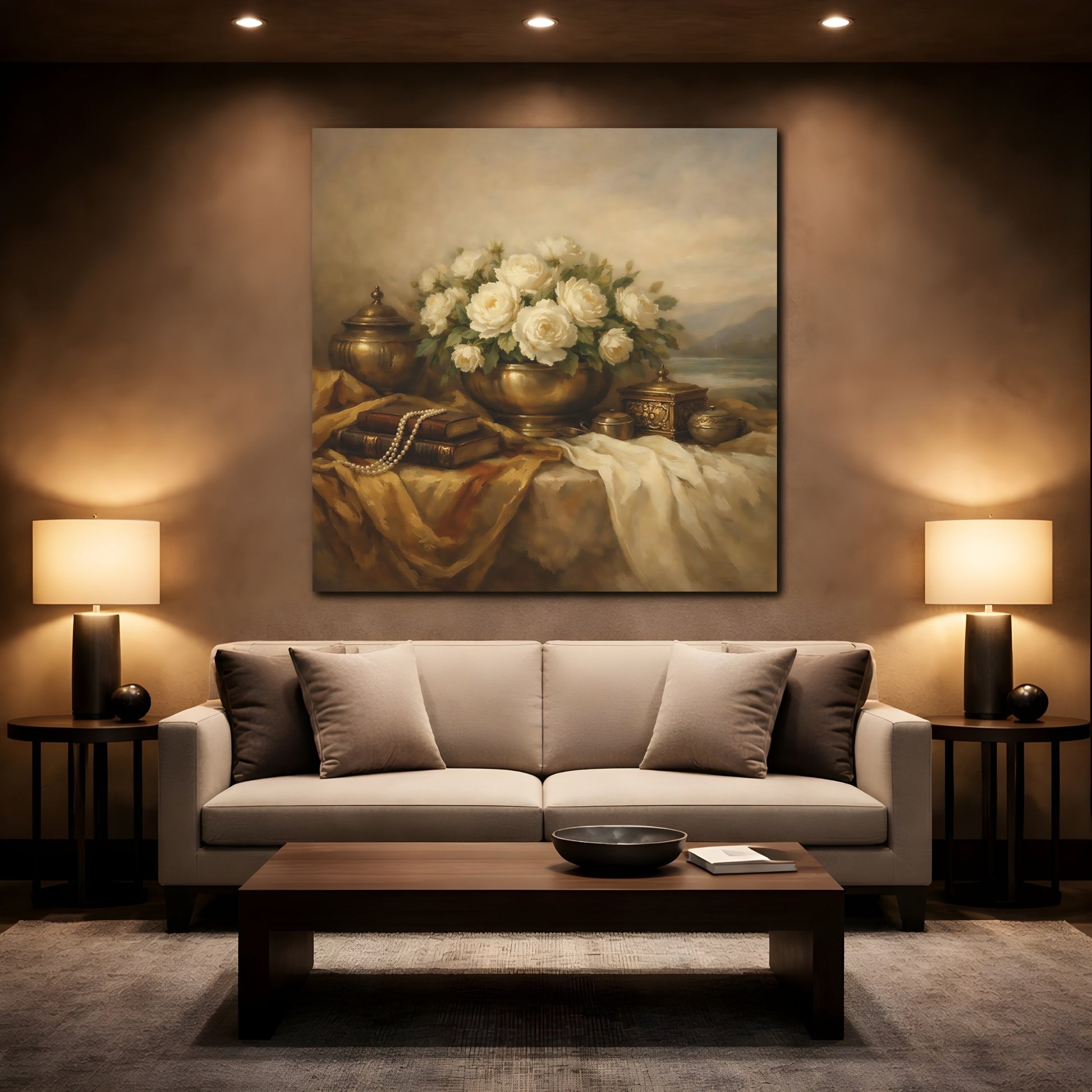 Mockup 2. Floral White Roses White Roses And Gold shown as stretched canvas wall art