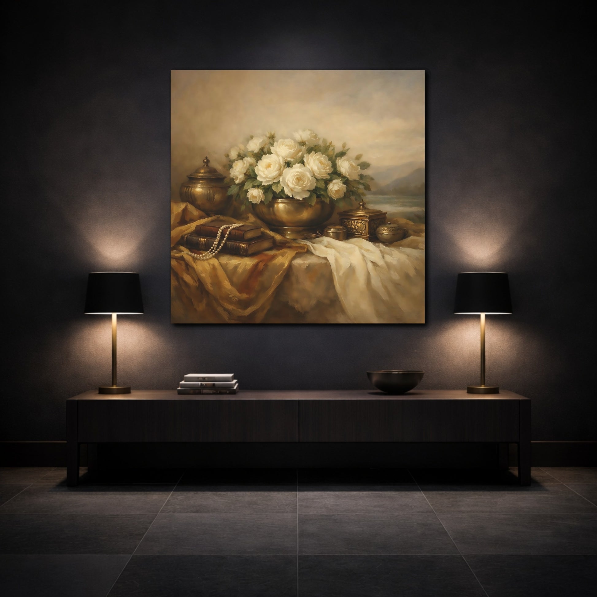Mockup 3. Floral White Roses White Roses And Gold shown as stretched canvas wall art