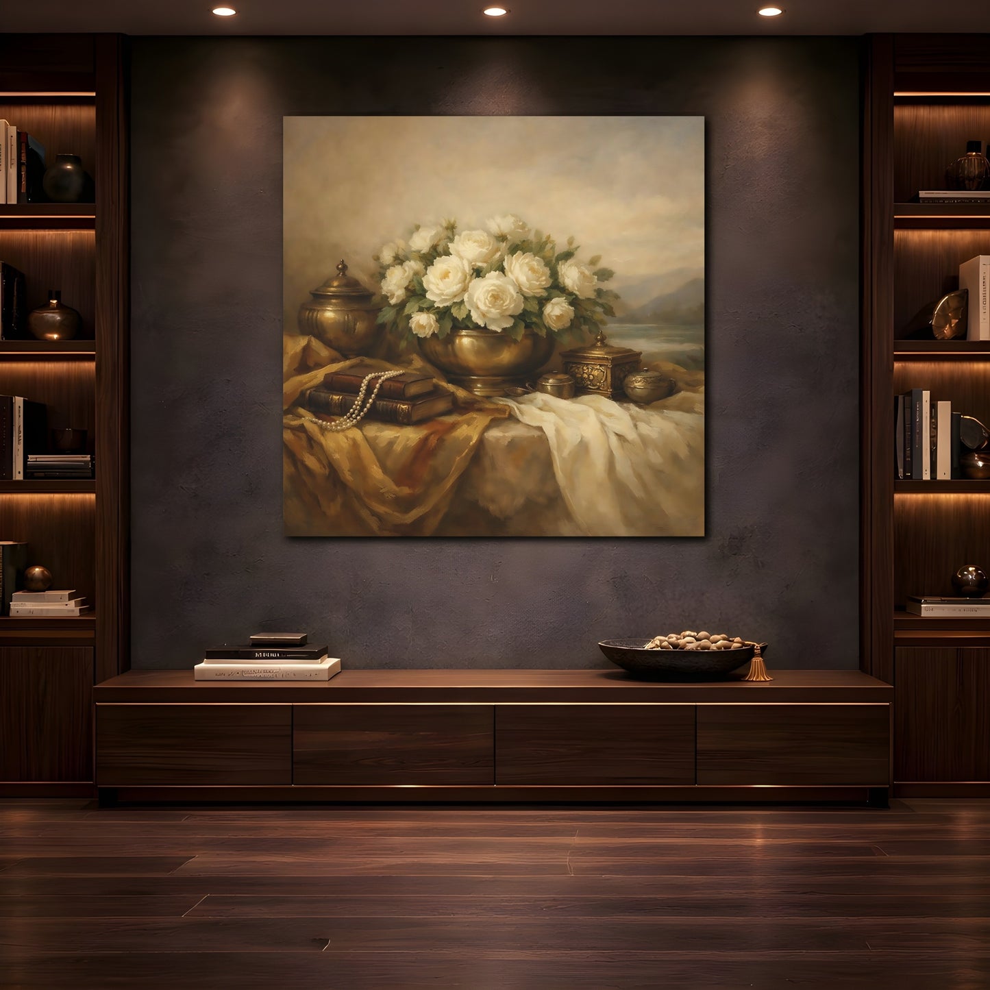 Mockup 4. Floral White Roses White Roses And Gold shown as stretched canvas wall art