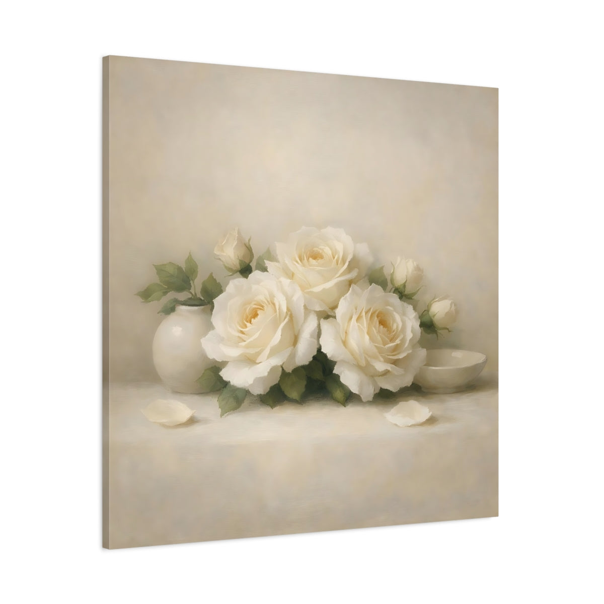 Main Mockup. Floral White Roses White Roses shown as stretched canvas wall art