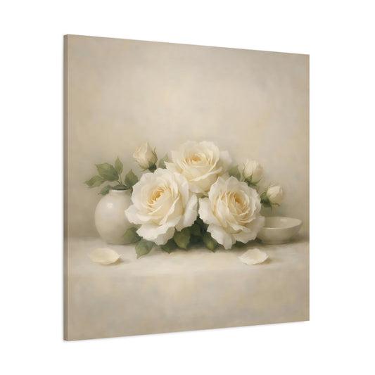 Main Mockup. Floral White Roses White Roses shown as stretched canvas wall art