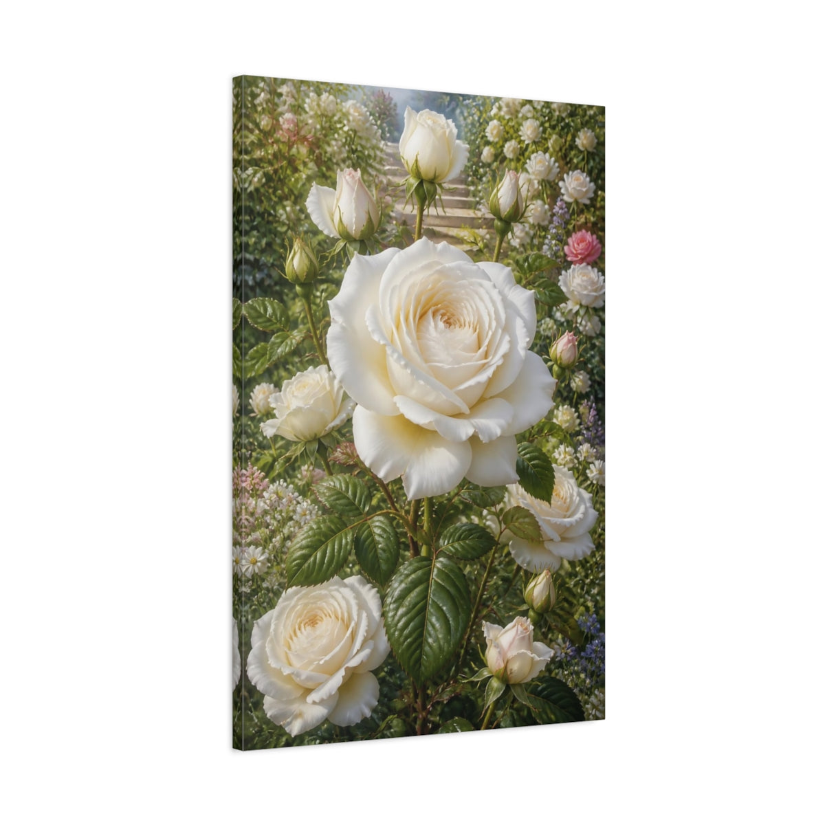 Main Mockup. Floral White Roses White Roses Garden shown as stretched canvas wall art