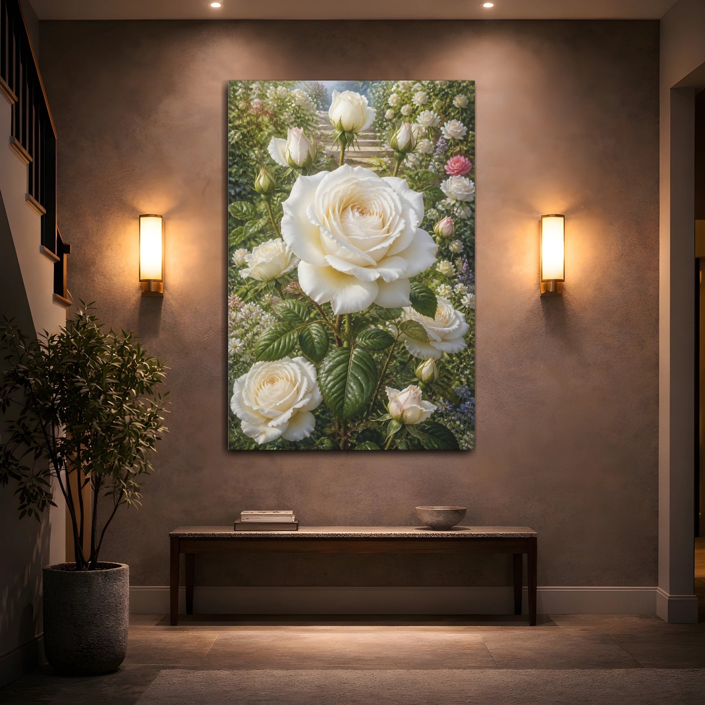 Mockup 2. Floral White Roses White Roses Garden shown as stretched canvas wall art