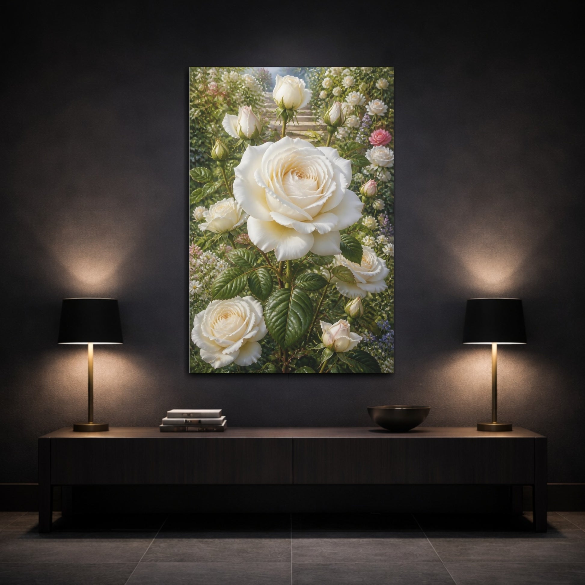 Mockup 3. Floral White Roses White Roses Garden shown as stretched canvas wall art