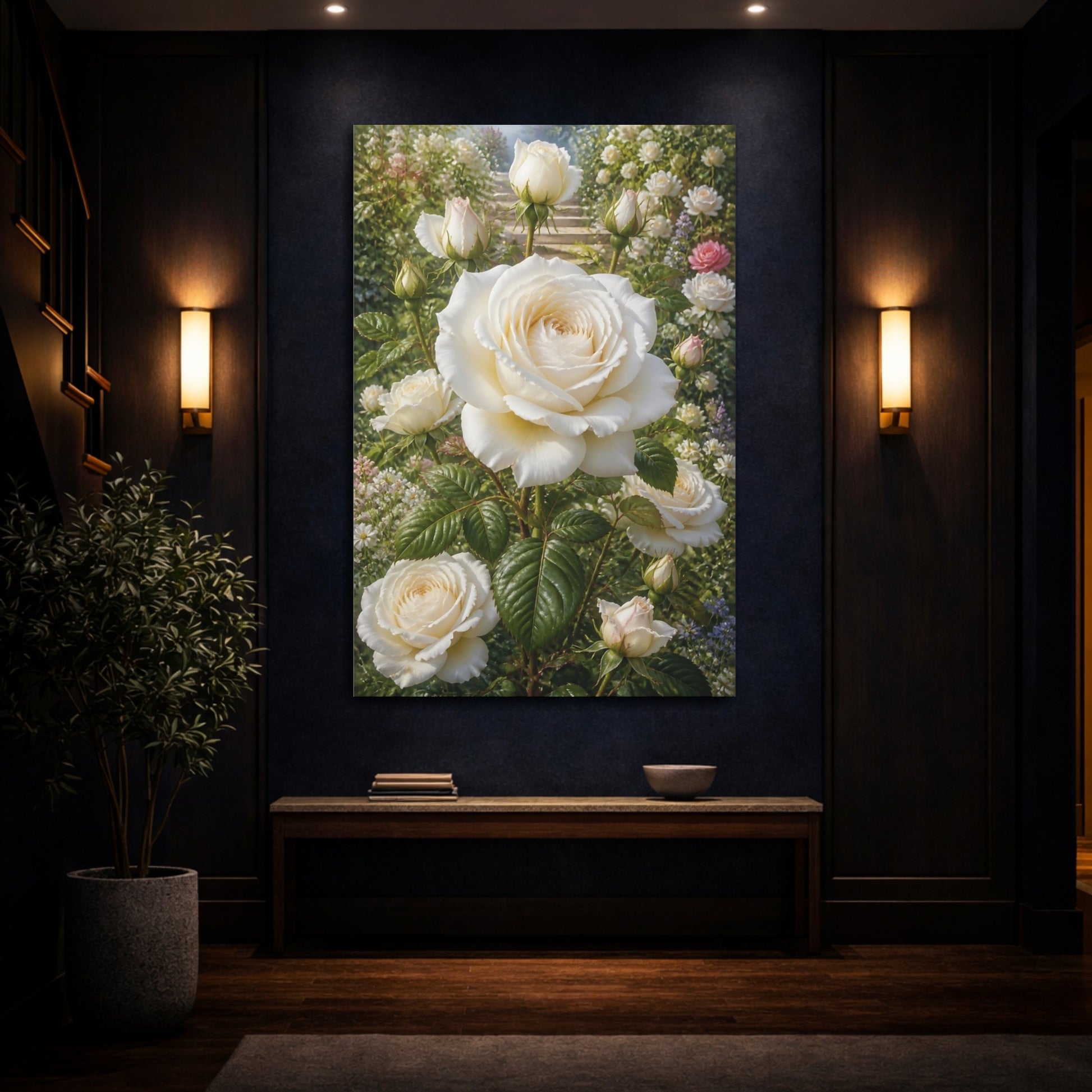 Mockup 4. Floral White Roses White Roses Garden shown as stretched canvas wall art