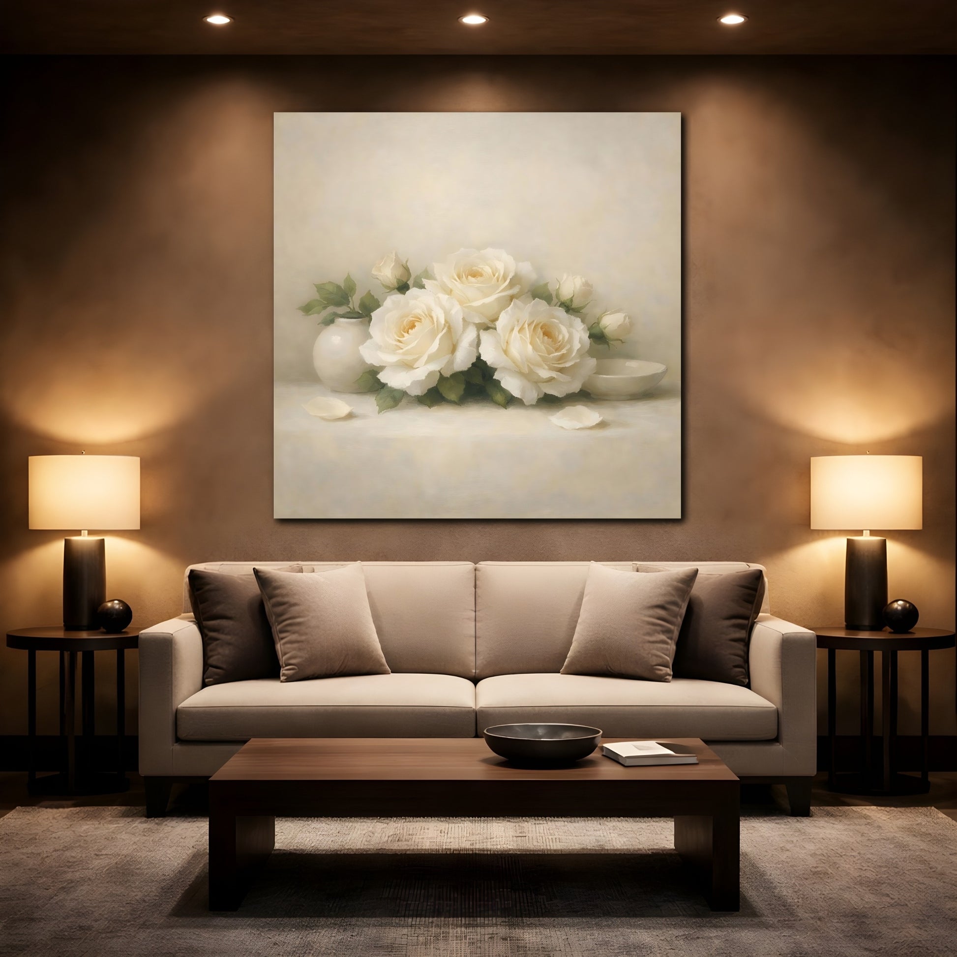 Mockup 2. Floral White Roses White Roses shown as stretched canvas wall art