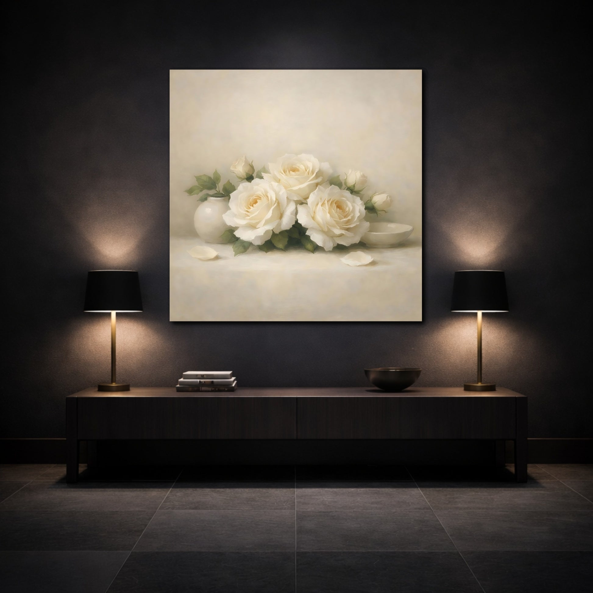 Mockup 3. Floral White Roses White Roses shown as stretched canvas wall art